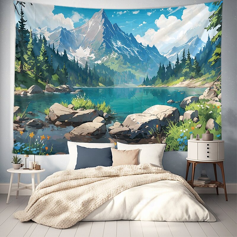 Landscape Mountain River Hanging Tapestry Wall Art Large Tapestry Mural Decor Photograph Backdrop Blanket Curtain Home Bedroom Living Room Decoration3