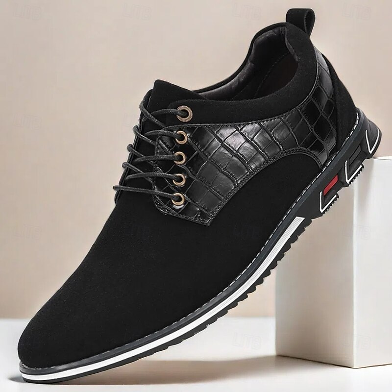 Men's Black Lace-Up Dress Shoes with Crocodile Pattern, Sleek and Stylish for Corporate and Social Gatherings