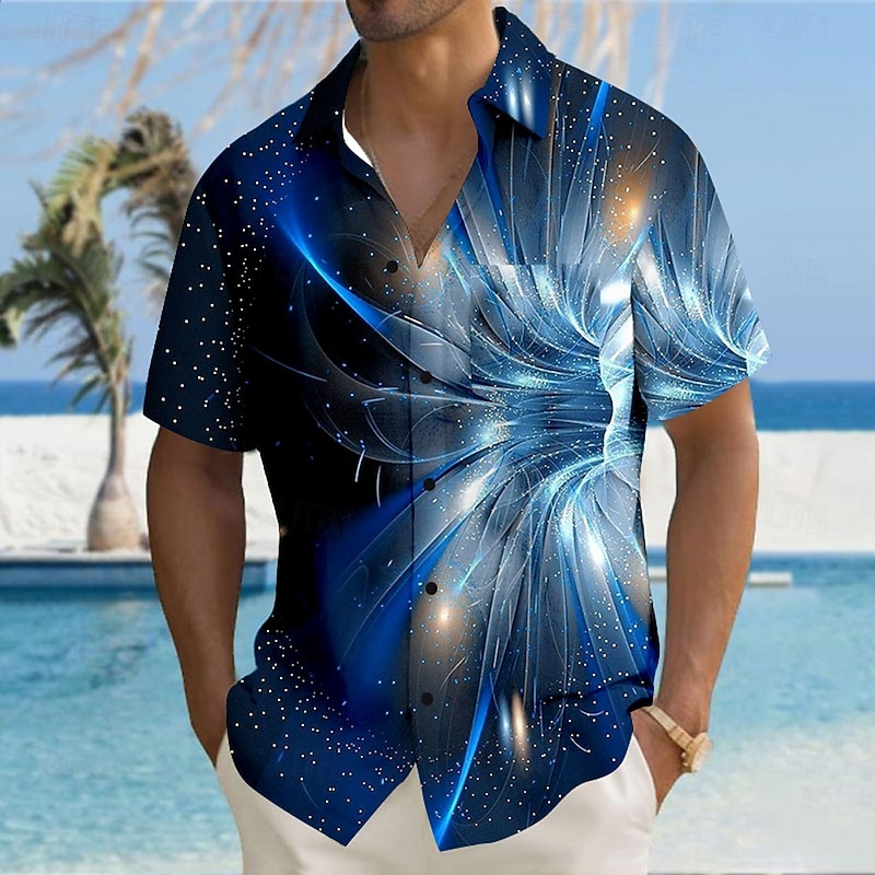Men's Optical Illusion Abstract Art Shirt Button Up Shirt Short Sleeve Fashion Casual Vacation Holiday Streetwear Summer Turndown 3D Print Collared Shirts Front One Pocket Light Blue Blue Dark Blue3