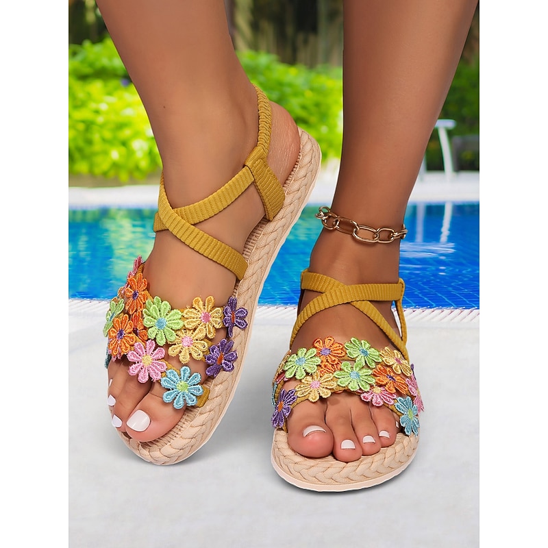 Women's Boho Floral Sandals – Colorful Embroidered Flower Strappy Flats for Summer, Beachwear, and Casual Outdoor Style2