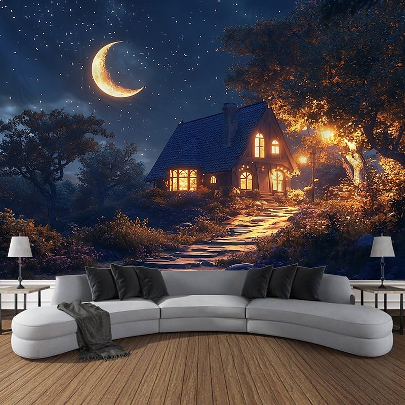 Outdoor House Moon Plant Landscape  Hanging Tapestry Wall Art Large Tapestry Mural Decor Photograph Backdrop Blanket Curtain Home Bedroom Living Room Decoration4