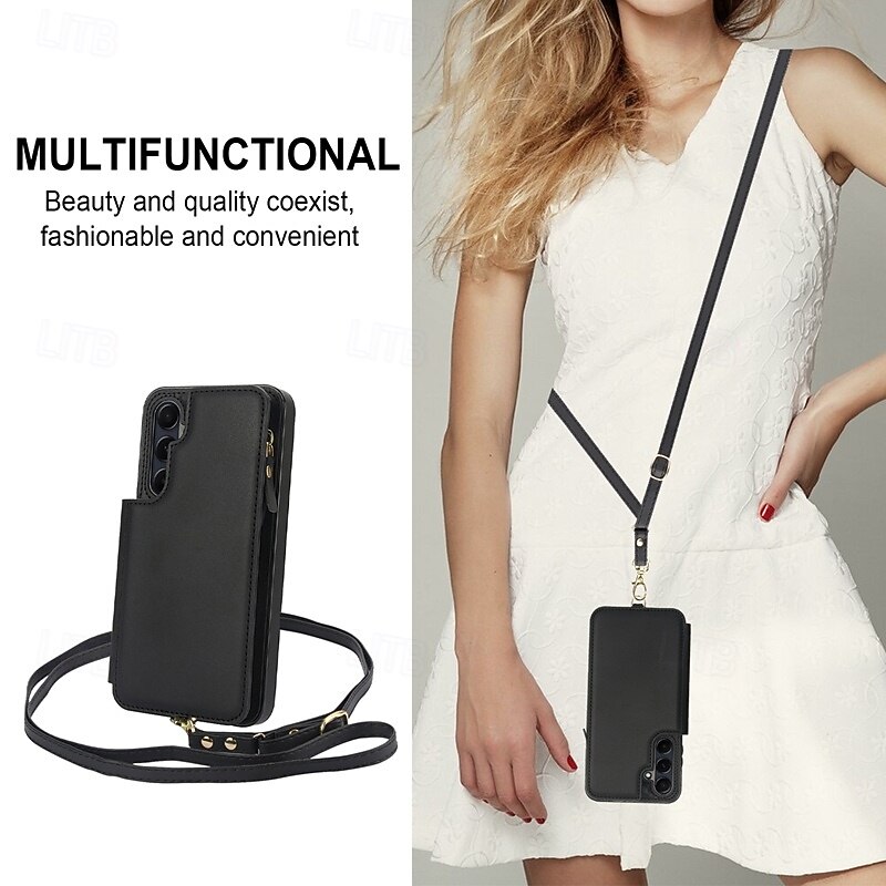 Phone Case For Samsung Galaxy S25 S24 S24 FE S23 S22 S21 Ultra Plus A16 A55 5G A35 5G A15 Back Cover with Stand Holder Zipper with Lanyard Retro TPU PU Leather3