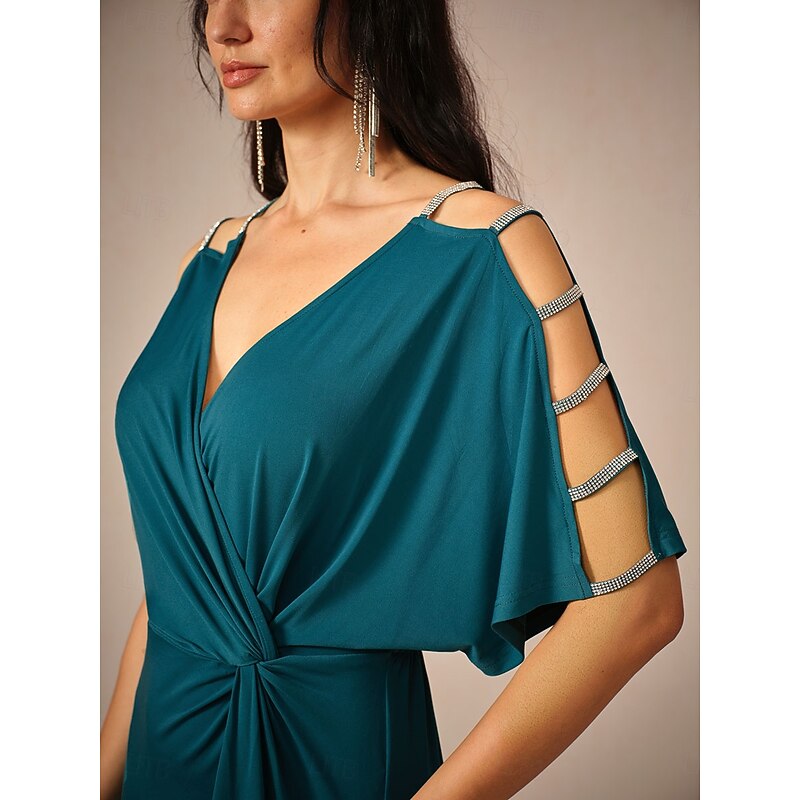 Women's Midi Dress Knit Dress Elegant Stylish Party Date Regular Fit Solid Color Short Sleeve V Neck Ink Blue Summer2