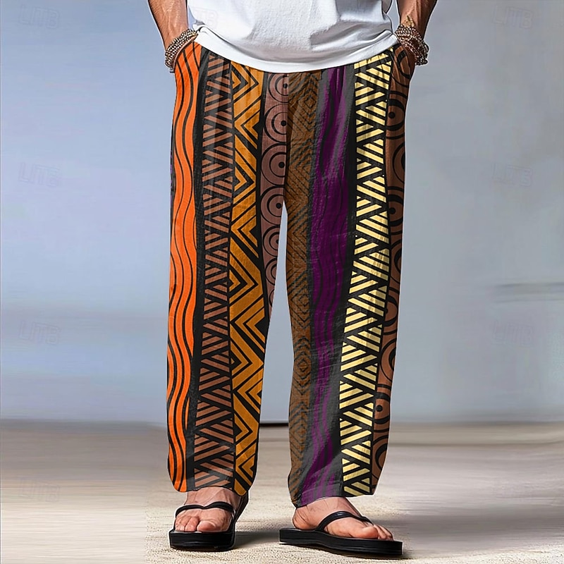 Men's Geometric Ethnic Trousers Baggy Pants Casual Pants Mid Waist Vintage Retro Outdoor Vacation Holiday Drawstring Elastic Waist Wide Leg Summer Spring 3D Print Orange Green