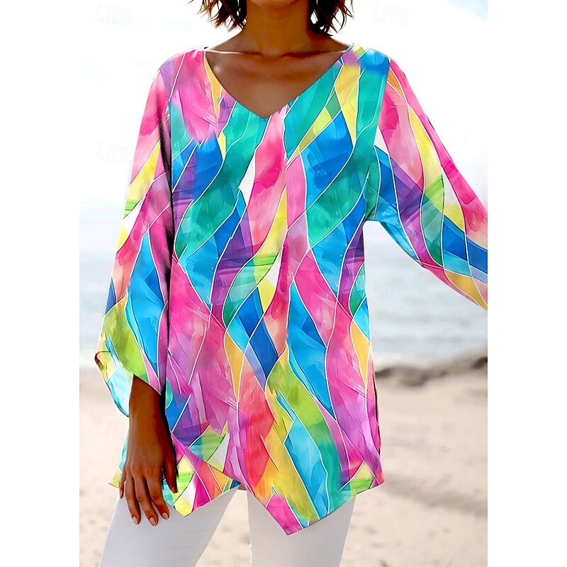 Women's Blouse Long Sleeve Asymmetrical Hem Ombre Bohemia Daily Hawaiian V Neck Regular Tops Daily Holiday Beach Wear Asymmetric Hem Blue Summer Spring