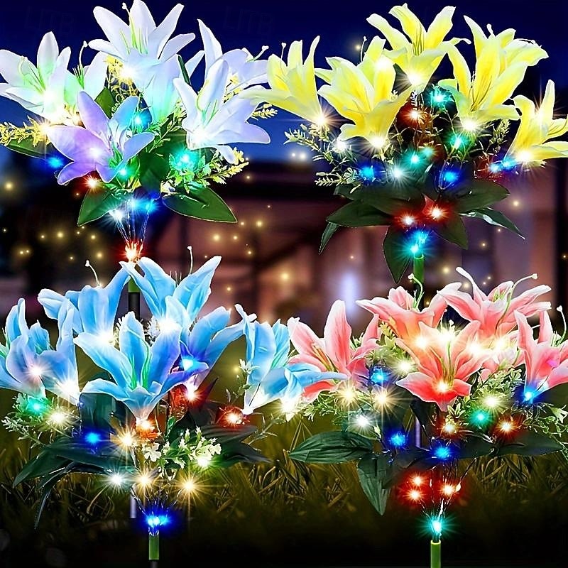 2 Pcs LED Outdoor Solar Lights Lily Simulation Flower Ground Insertion Lamp 7 Head Flowers 42 Beads Courtyard Garden Lawn Path Festival Wedding Party Atmosphere Decoration Lights2