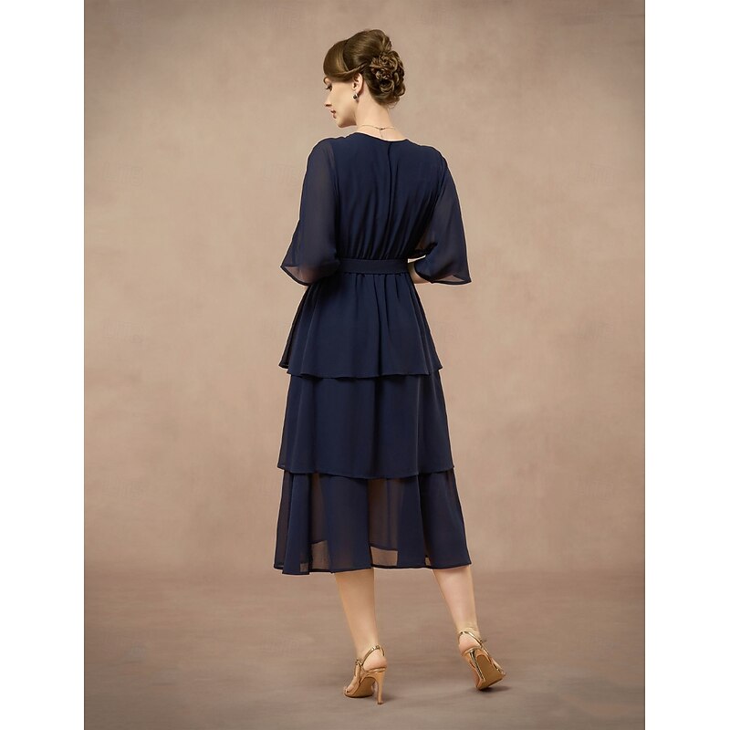 A-Line Mother of the Bride Dress Elegant V Neck Floor Length Chiffon Half Sleeve with Bow(s) Cascading Ruffles Solid Color2