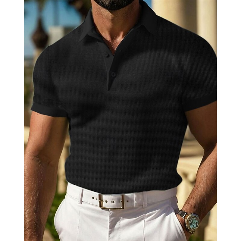 Men's Waffle Polo Shirts Golf Shirt Work Casual Lapel Short Sleeve Basic Modern Plain Buttons Summer Spring Regular Fit Black White Yellow Red Light Grey Light Blue Waffle Polo Shirts4