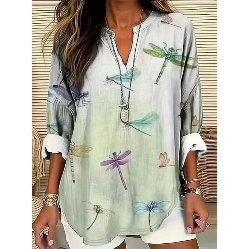 Women's Blouse Tunic V Neck Long Sleeve Boho Casual Tops Graphic Animal Vintage Tropical Regular Tops Daily Wear Print Beige
