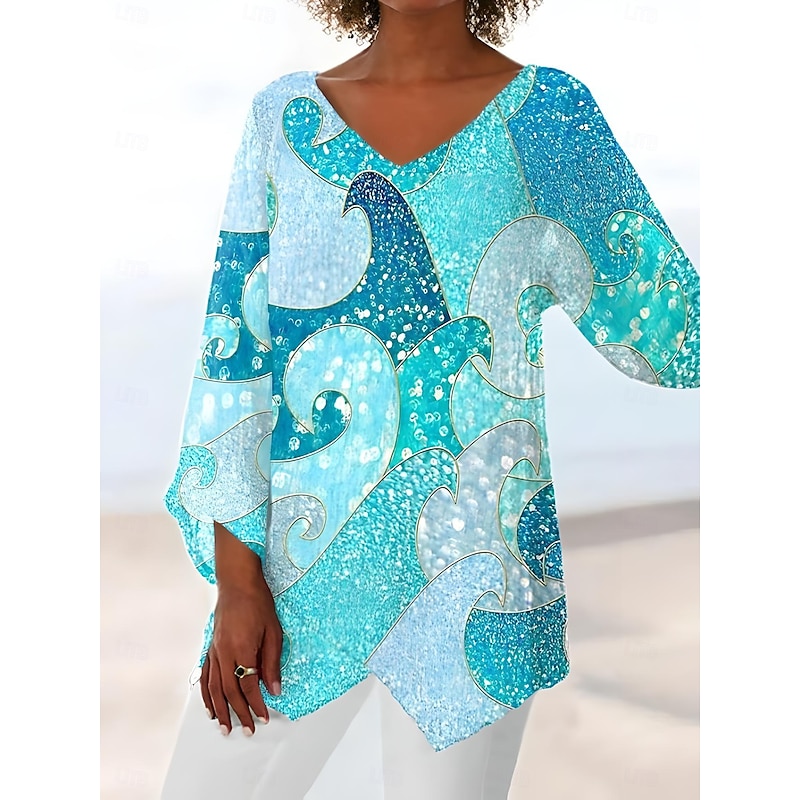 Women's Blouse Long Sleeve Asymmetrical Hem Ombre Bohemia Daily Hawaiian V Neck Regular Tops Daily Holiday Beach Wear Asymmetric Hem Pink Sky Blue Dusty Blue Green Summer Spring - Main Image