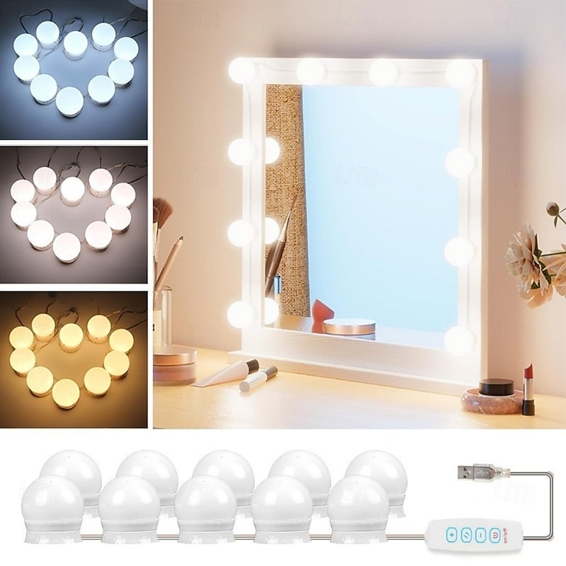LED String Lights for Mirror Hollywood Style Vanity Lights with 10 bulbs 20 bulbs USB 3 Color Modes Dimmable Makeup Table Light for Dressing Room Bathroom