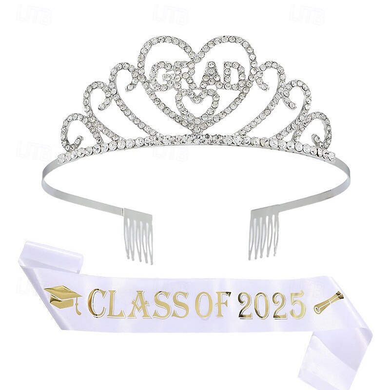 Graduation Party Supplies Kit, Glittered Metal Graduation Princess Grad Crown Tiara, Class of 2025 Graduate Sash, Rhinestone Letter Headpiece, Alloy Tiara and Sash Set4