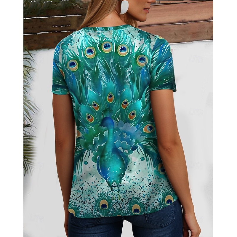 Women's T Shirt Ombre Graphic Feather Casual Short Sleeve Round Neck Regular Tops Daily Going out Weekend Print Grass Green Sage Green White Yellow Dark Green Summer2