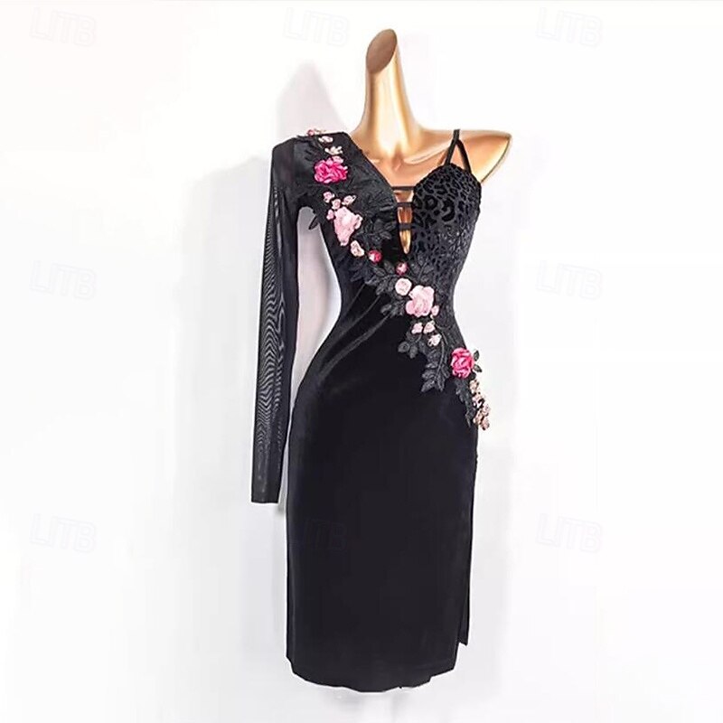 Latin Dance Dress Embroidery Splicing Women's Performance Training Long Sleeve Mesh Velvet2