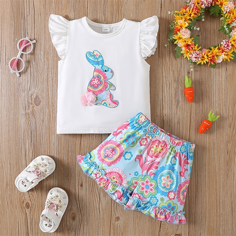 2 Pieces Kids Girls' Easter Rabbit Ruffle Tank Top & Shorts Set Set Sleeveless Fashion Outdoor 4 years+ Summer White