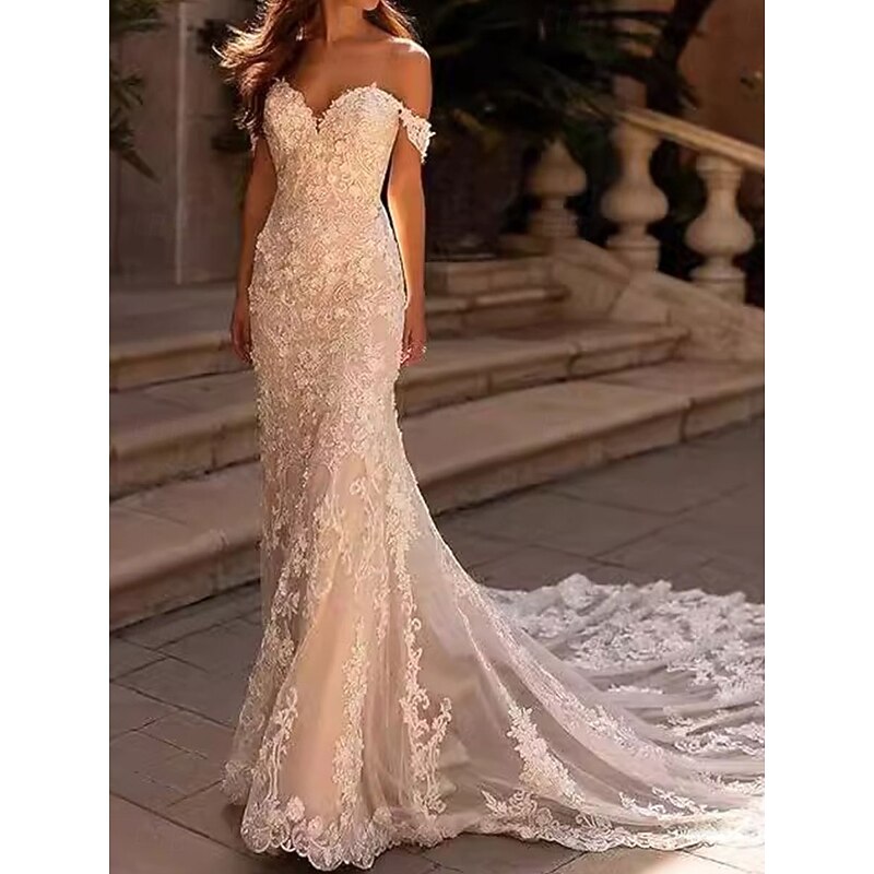 Wedding Dresses Mermaid / Trumpet Off Shoulder Sleeveless Court Train Tulle Bridal Gowns With Solid Color4