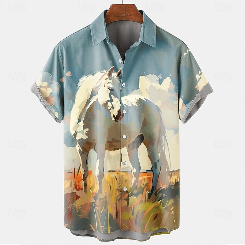 Kentucky Derby Men's Horse Racing Shirt Button Up Shirt Short Sleeve Vintage Retro Holiday Festival Summer Spring Turndown 3D Print Funny Kentucky Derby Shirts Blue Brown