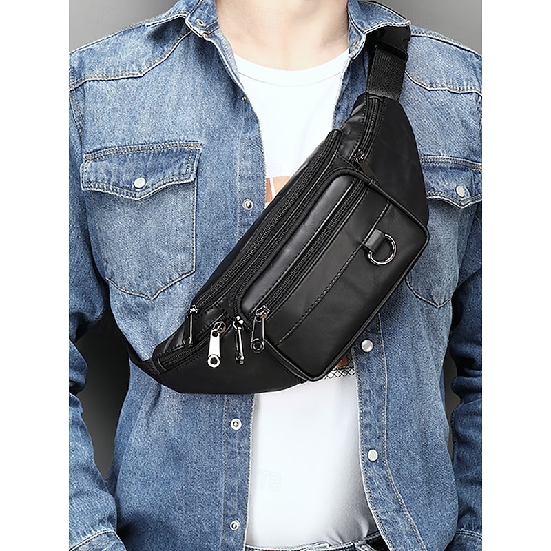 Men's Vintage Leather Sling Bag Fanny pack– Crossbody Chest Pack with Multiple Zipper Pockets, Adjustable Strap, Stylish Travel & Everyday Waist Bag Black Brown3
