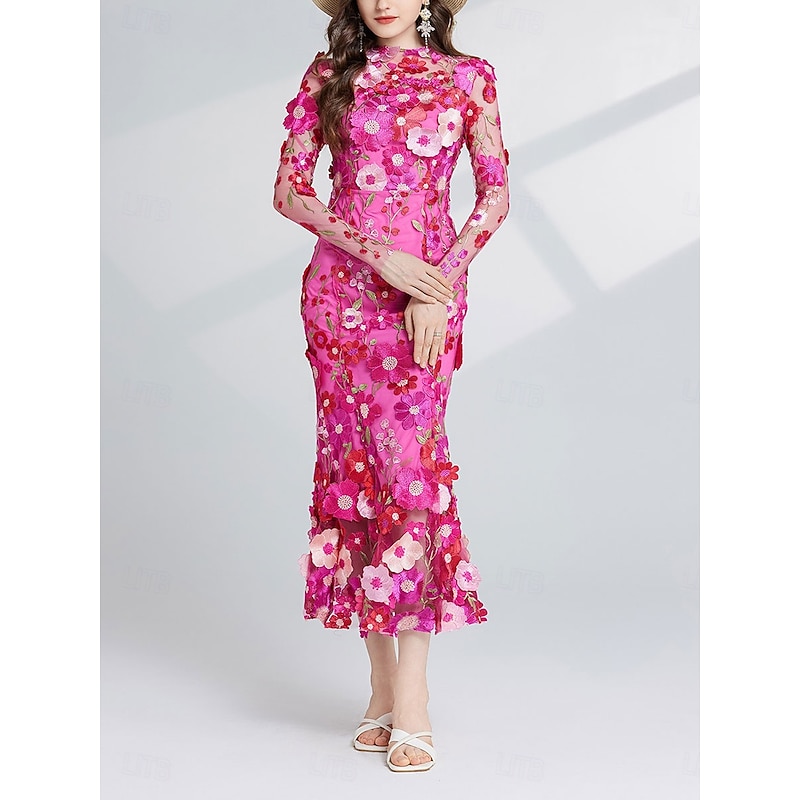 Mermaid / Trumpet Party Dresses Elegant Dress Wedding Wedding Guest Tea Length Long Sleeve Crew Neck Tulle with Floral Embroidered Lace