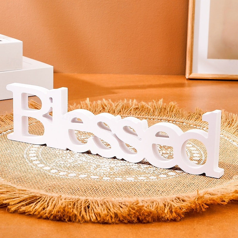 White "Blessed" Letter Tabletop Decor, PVC Freestanding Letter Sign, Warm Indoor Decoration for Wedding, Valentine's Day, Anniversary, Party, and Home