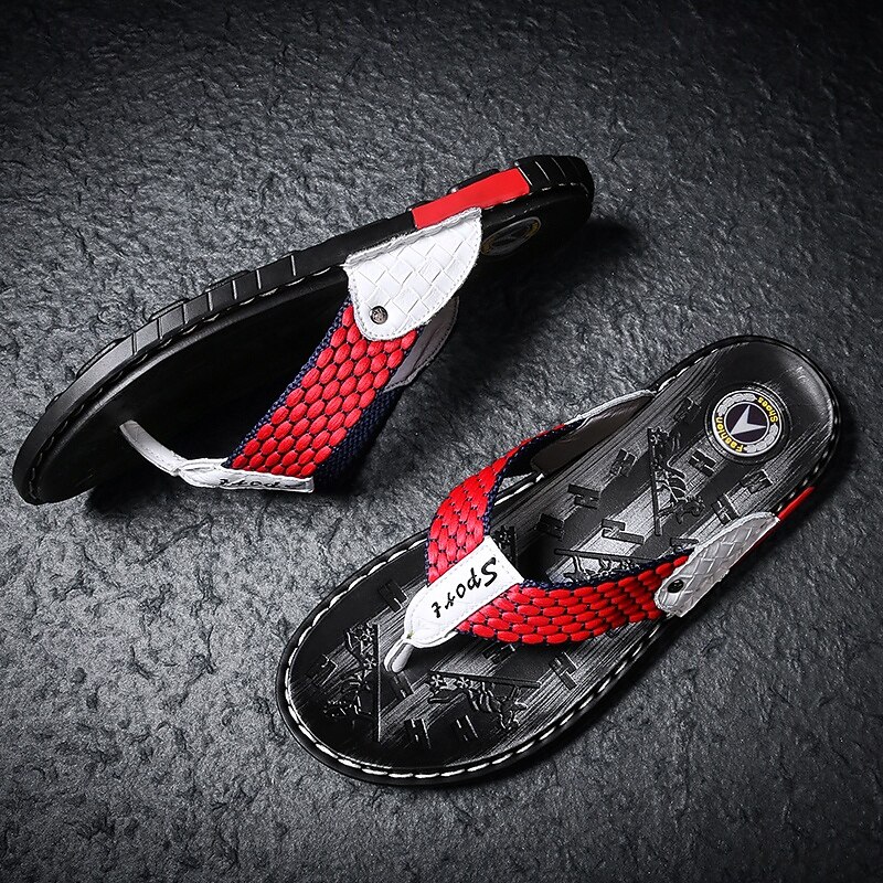 High-Performance Men's Faux Leather Flip-Flops - Black and Red with Racing-Inspired Textured Strap for Outdoor Adventures4