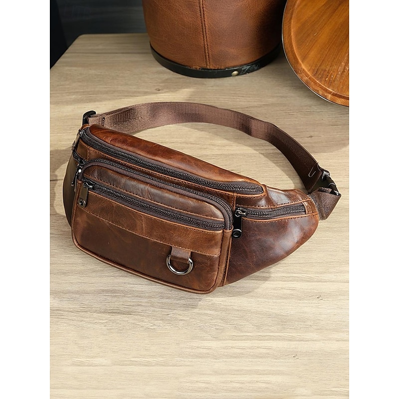 Men's Vintage Leather Sling Bag Fanny pack– Crossbody Chest Pack with Multiple Zipper Pockets, Adjustable Strap, Stylish Travel & Everyday Waist Bag Black Brown