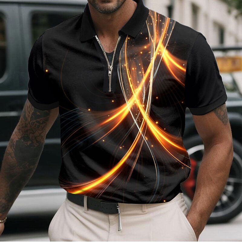 Men's Geometic Line Zip Polo Shirts Short Sleeve Polo Shirts Collared Shirts Business Casual Business Athleisure Wear to work Daily Wear 3D Print Summer Purple Orange Green4