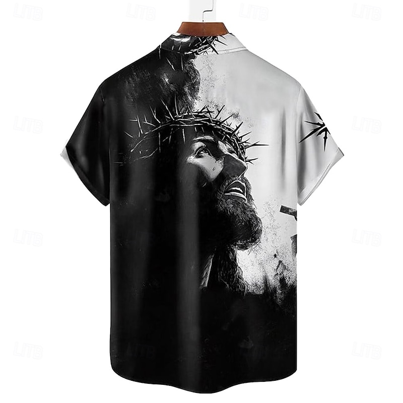 Easter Men's Templar Cross Jesus Shirt Casual Shirt Button Up Shirt Short Sleeve Vintage Retro Vacation Holiday Festival Summer Spring Turndown 3D Print Collared Shirts White2