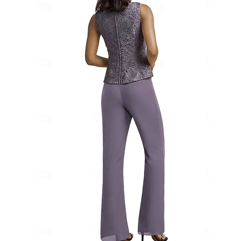 Pantsuit Mother of the Bride Dress Wedding Guest Elegant Simple Scoop Neck Floor Length Polyester Long Sleeve with Appliques Solid Color4