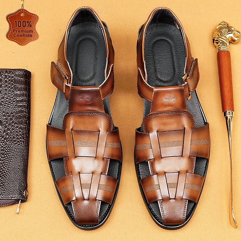 Luxury Men's Brown Leather Fisherman Sandals - Elegant Dress Footwear with Woven Straps