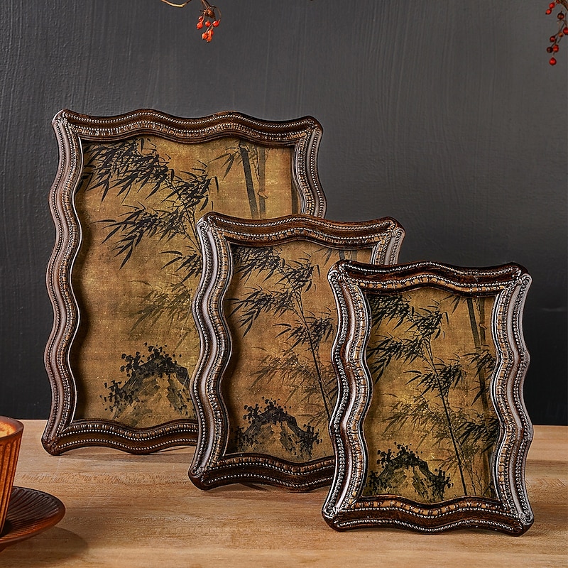 Curved Resin Decorative Photo Frame, Vintage Faux Walnut Art Design, Horizontal and Vertical Display, Entryway, Bedroom, Study, and Office Table Decor
