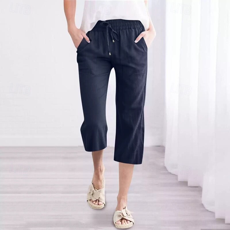 Women's Capri Pants Slacks Streetwear Casual Calf-Length Natural Plain Pocket Elastic Drawstring Design Outdoor Comfortable Street Going out Grey Navy Black White Summer Regular Fit2
