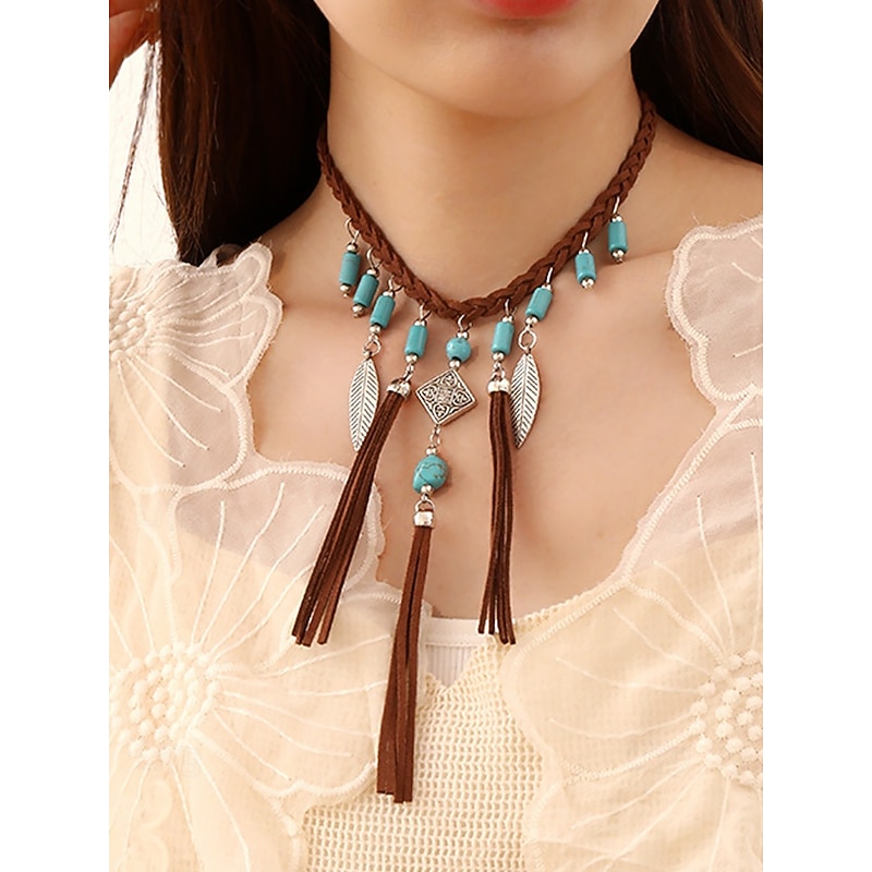 Women's Bohemian Braided Leather Necklace with Turquoise Beads, Feathers and Tassels - Perfect for Music Festivals and Holiday Outfits2
