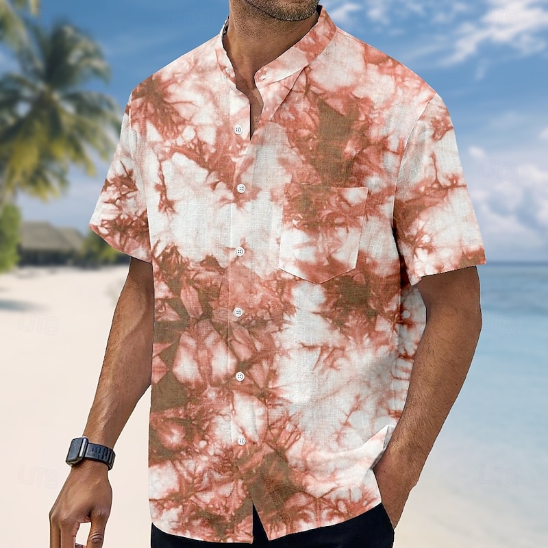 Men's Tie Dye Print Shirt Stand Collar Shirt Short Sleeve Fashion Casual Vacation Holiday Beach Wear Summer Spring Mandarin Collar Band Collar Grandad Collar Button Up 3D Print Linen Like Shirt Red4