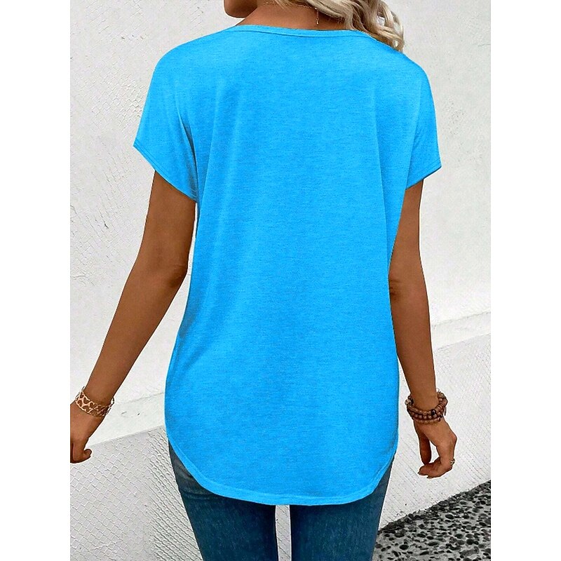 Women's T Shirt Solid Color Casual Short Sleeve V Neck Regular Tops Daily Going out Weekend Print Black Blue Summer4