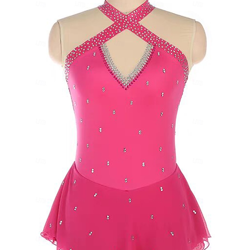 Figure Skating Dress Women's Girls' Ice Skating Dress Rose Red Patchwork Open Back Mesh Spandex Stretchy Training Practice Professional Skating Wear Thermal Warm Crystal / Rhinestone Long Sleeve Ice3