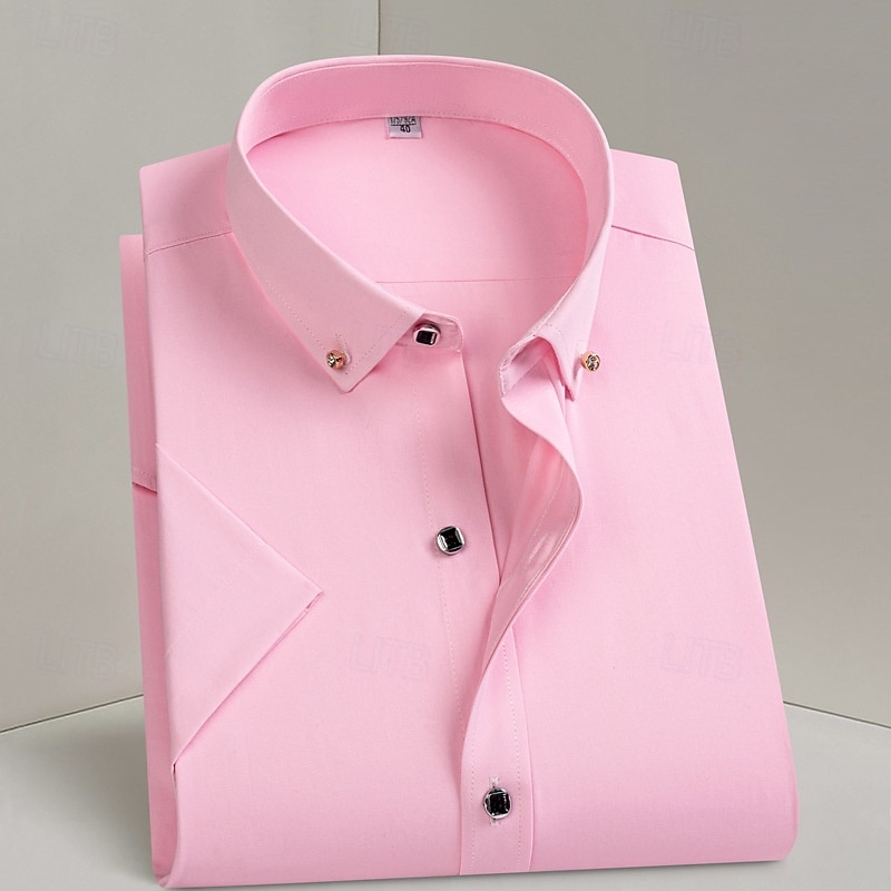 Men's Dress Shirt Wrinkle Resistant Button Up Shirt Plaid Wedding Outdoor Light Blue Black White Pink Short Sleeve Spread Collar Summer Spring Clothing Apparel4