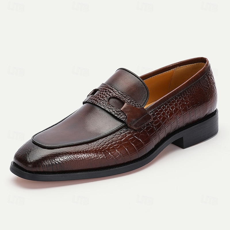Men's Brown Genuine Leather Penny Loafers – Classic Crocodile Pattern Slip-On Dress Shoes for Kentucky Derby & Business Wear2