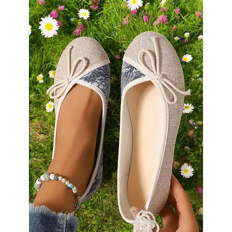 Linen Bow Ballet Flats for Women - Lightweight Vintage-Inspired Comfortable Slip-On Shoes for Casual Wear3