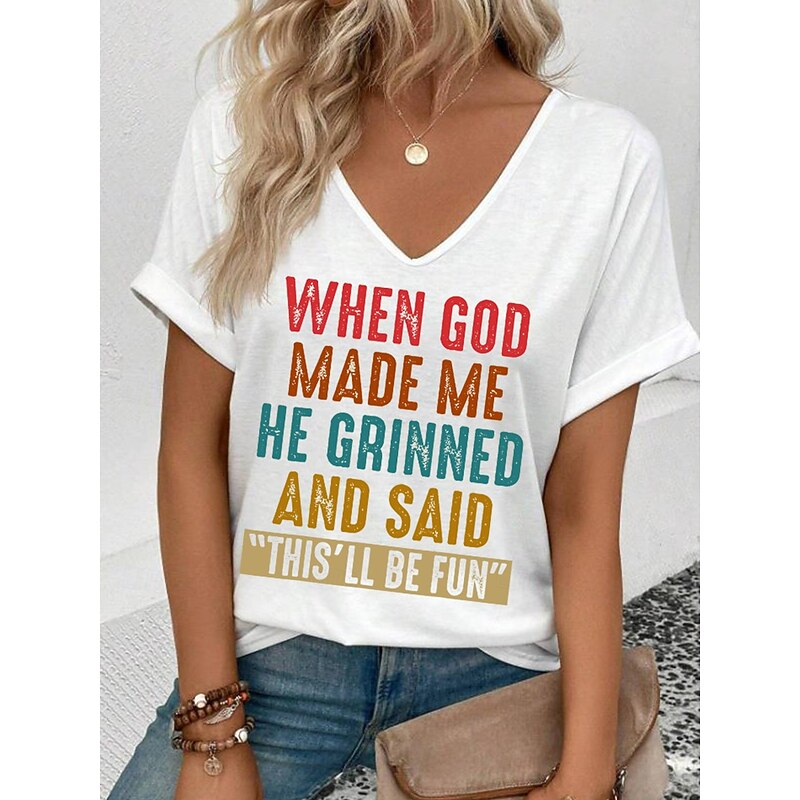 Women's T Shirt Graphic Letter Casual Short Sleeve V Neck Regular Tops Daily Weekend Print Black White Light Green Pink Summer GOD3