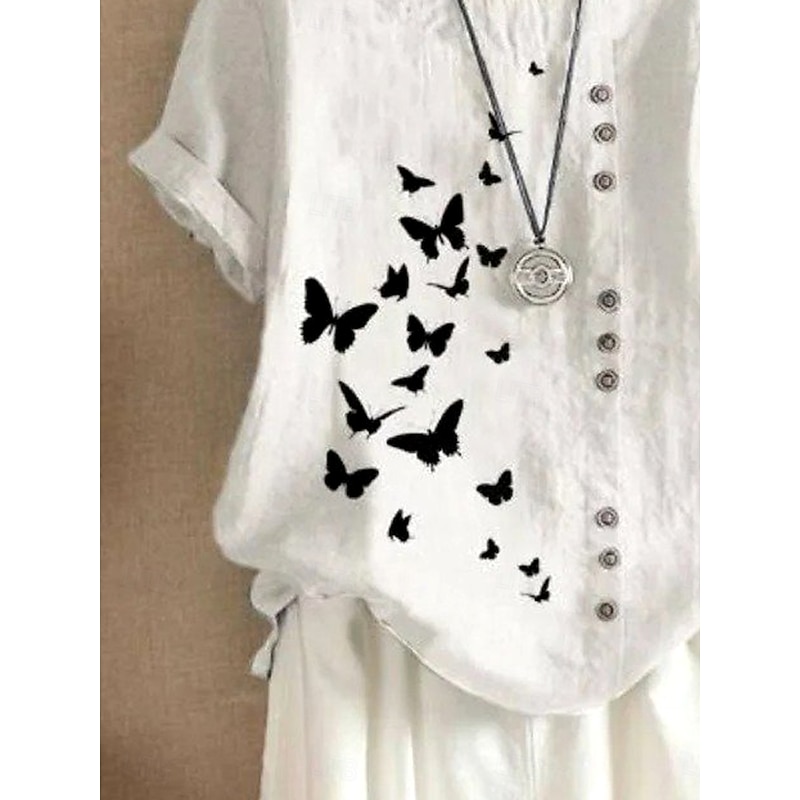Women's 100% Cotton Shirt Blouse Graphic Butterfly Linen Vintage Casual Short Sleeve Crew Neck Regular Tops Daily Going out Buttons Print White Summer Spring3