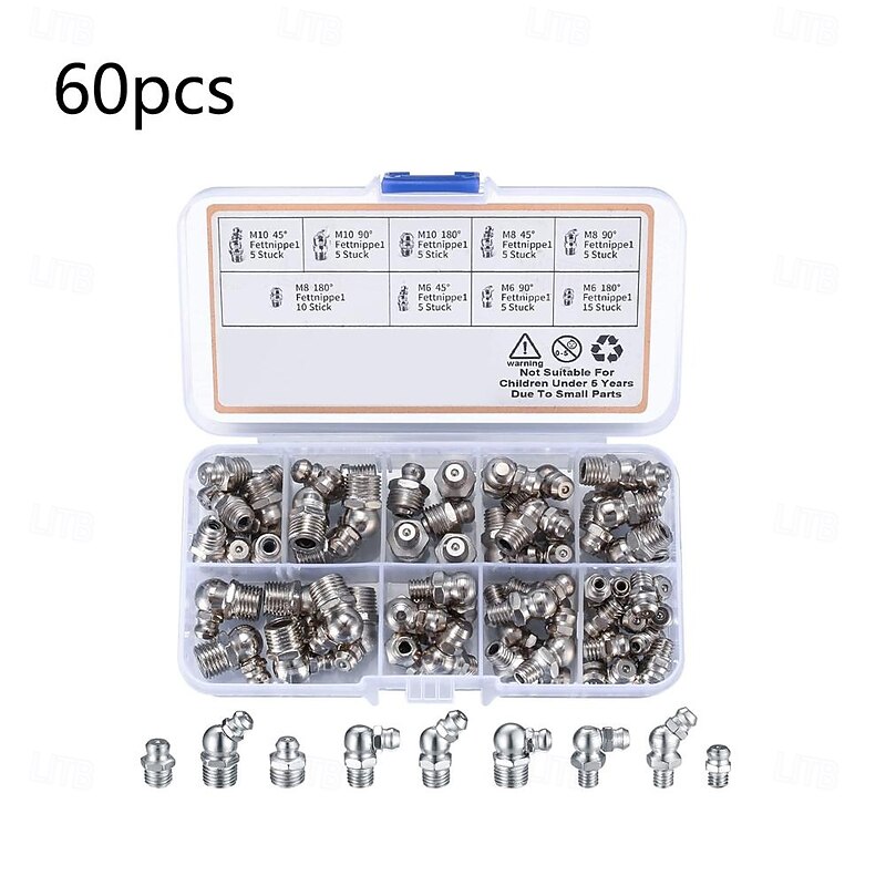 60-Piece Premium Metric Grease Nipple Zerk Fitting Kit - Complete Assortment of M6 M8 M10 Sizes with 180 45 90 Angles for Efficient Grease Gun Lubrication - Durable Metal Construction Polished