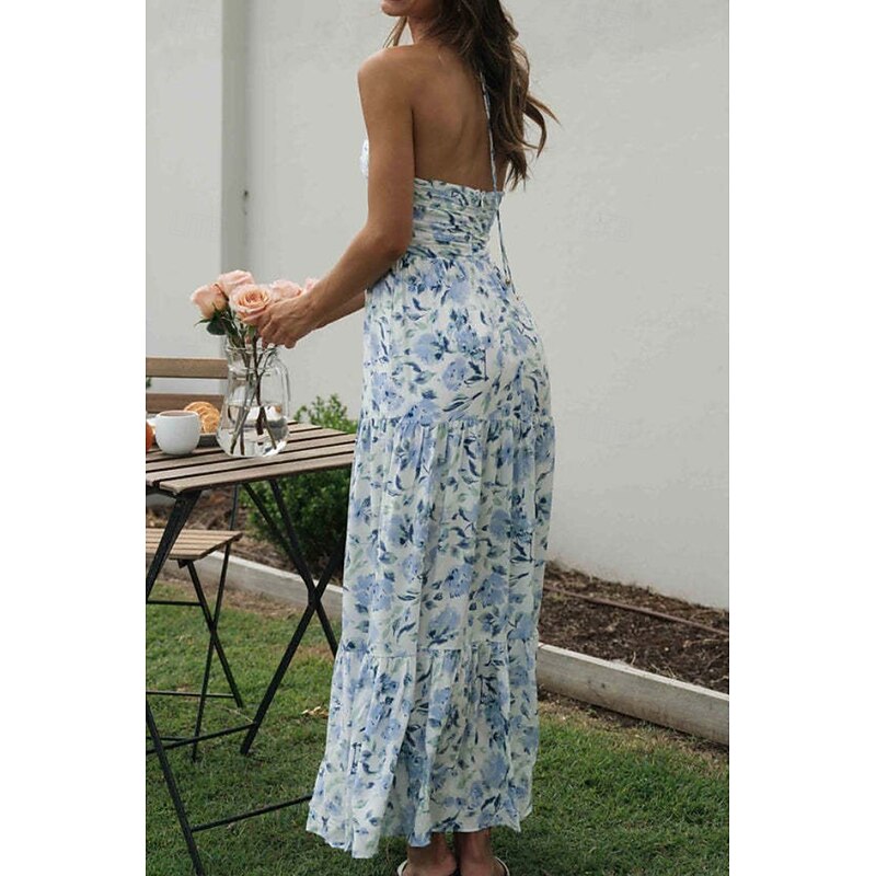 Women's Midi Dress Graduation Dress Floral Dress Fashion Outdoor Vacation Holiday Regular Fit Flower Sleeveless Halter Neck Red Blue Orange Summer3