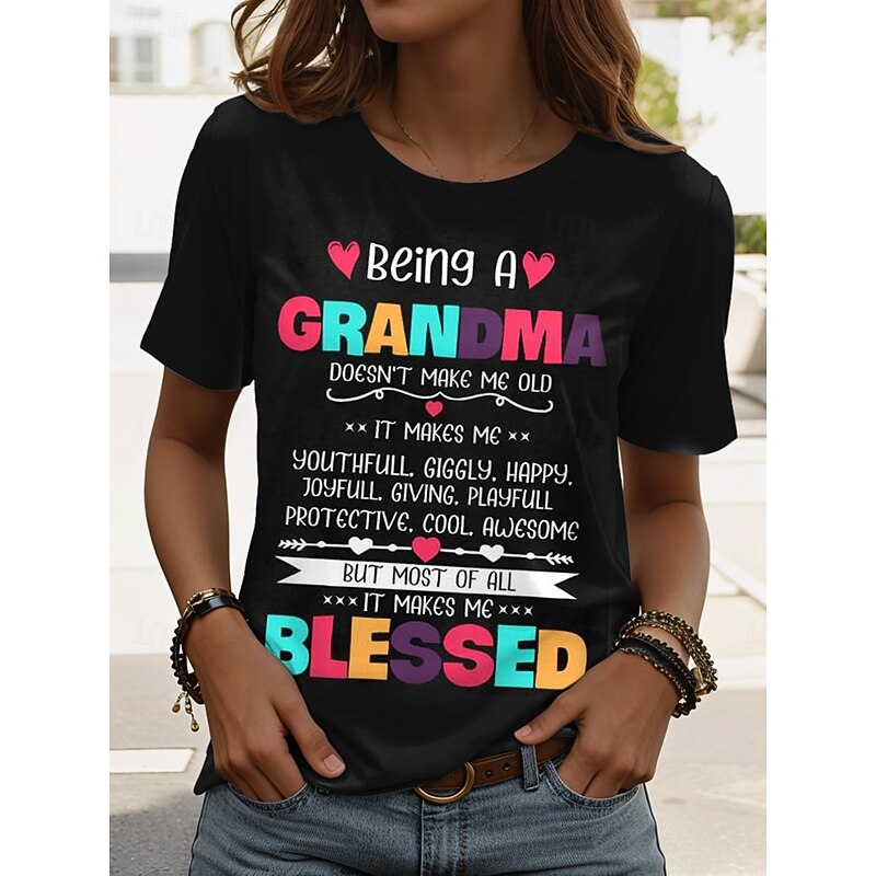 Mother's Day Women's T Shirt Graphic Letter Stylish Casual Short Sleeve Round Neck Regular Tops Daily Weekend Print Black White Pink Blue Purple Summer Spring Grandma
