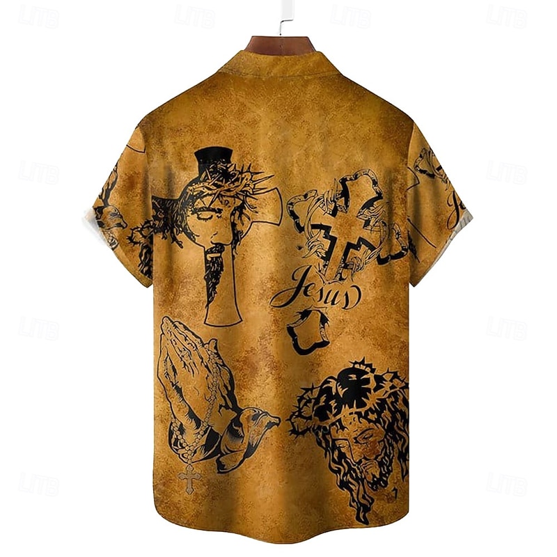Easter Men's Jesus Christian Shirt Casual Shirt Button Up Shirt Short Sleeve Vintage Retro Vacation Holiday Festival Summer Spring Turndown 3D Print Collared Shirts Yellow2