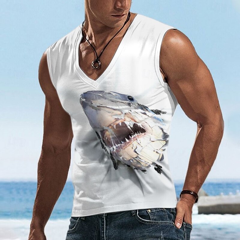 Men's Shark T Shirt Sleeveless T shirt 3D Print V Neck Shirt Tropical Outdoor Vacation Hawaiian White 1 White White 2 Summer Spring Clothing Apparel S M L XL XXL XXXL4