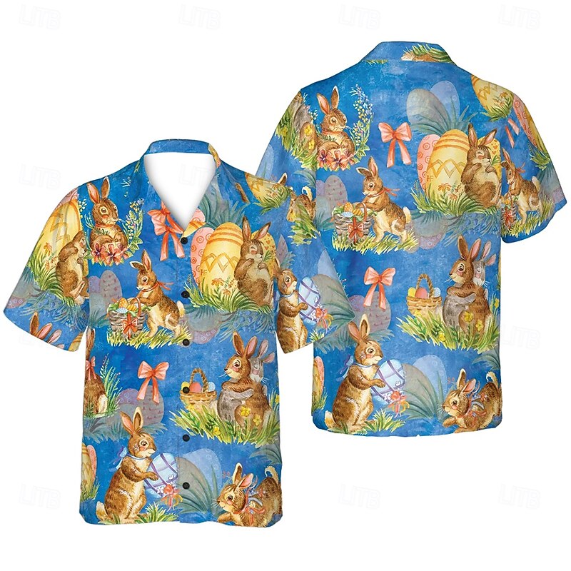 Easter Men's Bunny Easter Egg Shirt Cuban Collar Shirt Button Up Shirt Short Sleeve Vintage Retro Vacation Holiday Festival Summer Spring Camp Collar Shirt 3D Print Blue2