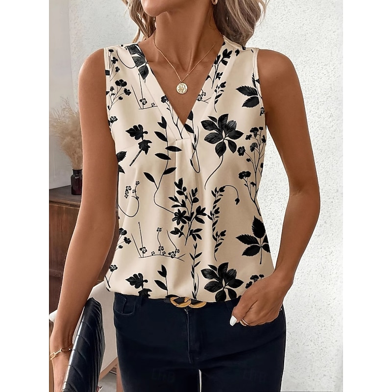 Women's Camisole Tank Top Floral Daily Modern Sleeveless V Neck Regular Tops Daily Holiday Print Khaki Summer