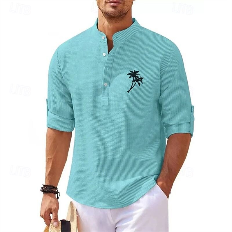 Men's Minimalist Aloha Shirt Popover Shirt Summer Shirt Casual Shirt Beach Shirt Waffle Knit Shirt Black White Blue Sky Blue Dark Gray Long Sleeve Coconut Tree Classic Stand Collar Henley Vacation3