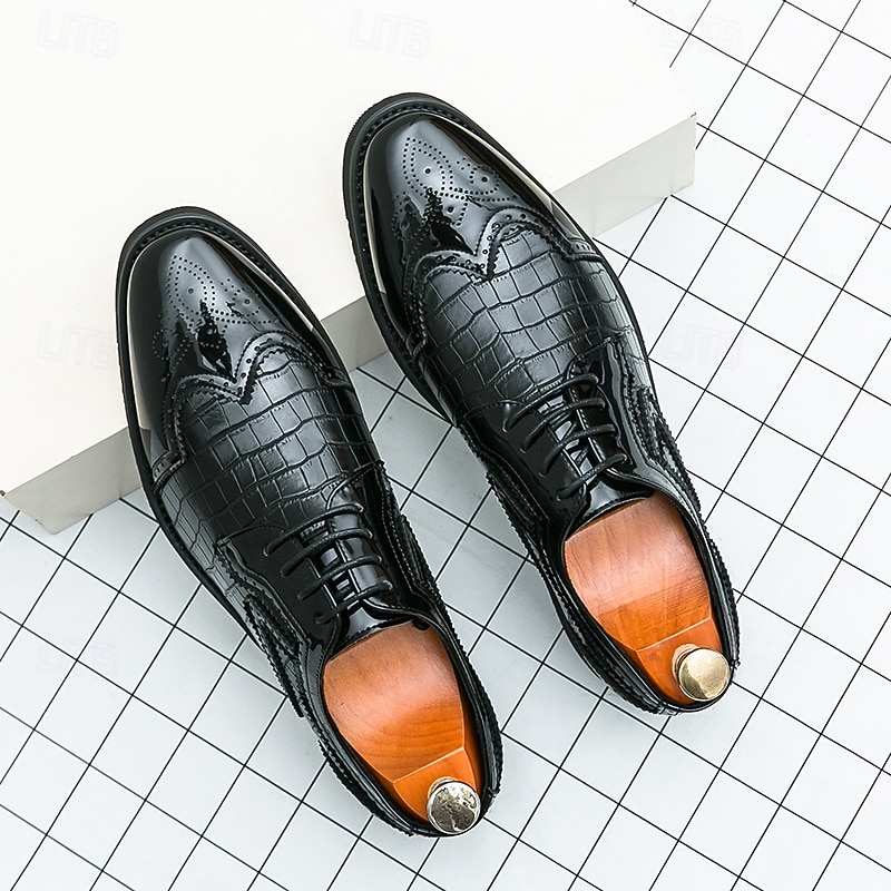 Men's Black Crocodile Pattern Patent Leather Oxfords - Elegant Dress Shoes for Formal Events4